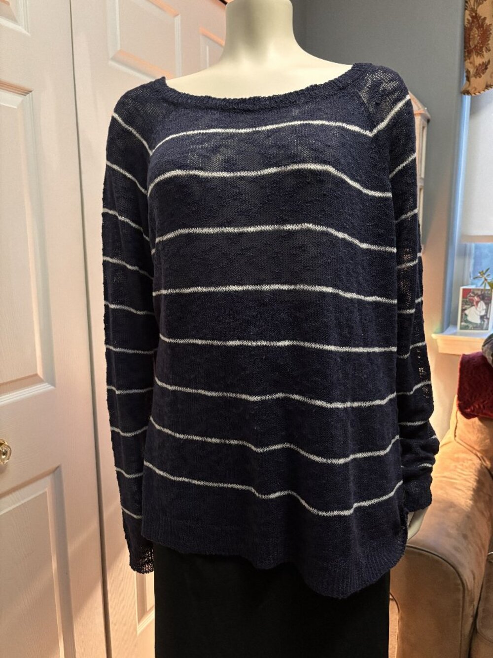Abound Navy White Striped Lightweight Knit Sweater XL